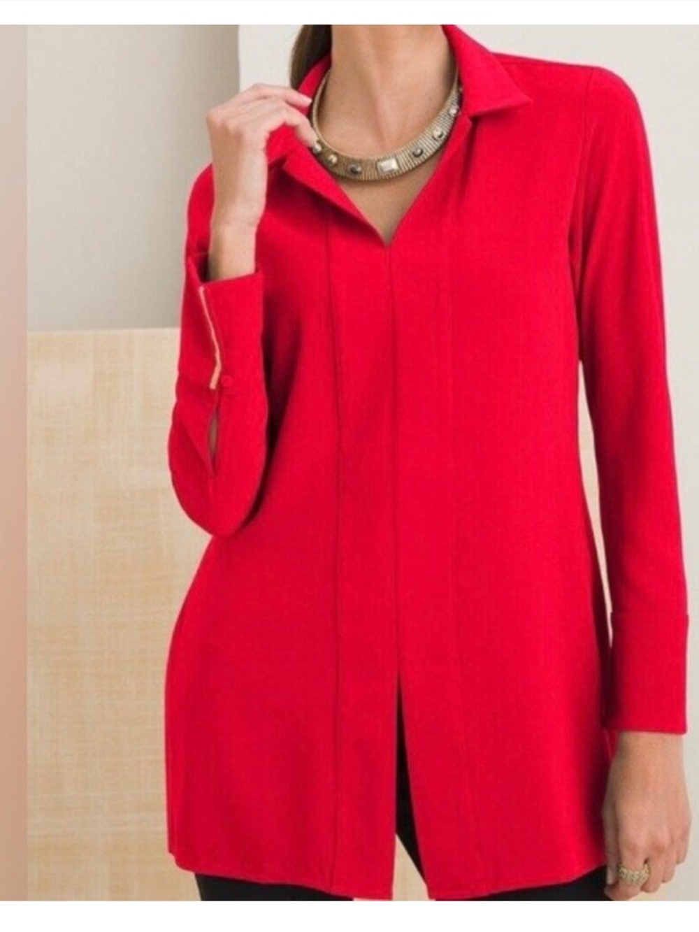 Chicos Red Collared Tunic Blouse Size 1 Slit